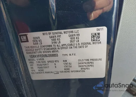 2011 Chevrolet Traverse Ls from USA, damaged, VIN 1GNKVFED9BJ368853